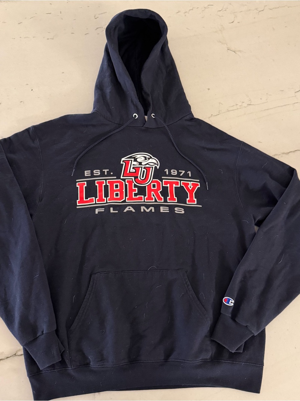 Liberty University Hoodie Champion Mens L Blue Pullover LU Flames